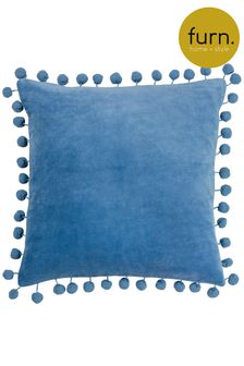 furn. Sky Blue Dora Cotton Velvet Pom-Pom Trim Cushion