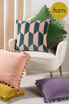furn. Pink/Green Kalho Geometric Cotton Velvet Cushion (D95734) | $27