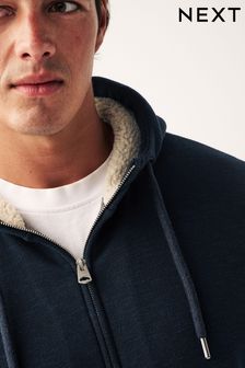 Granatowy - Zapinana na zamek bluza z kapturem ze sztucznego kożuszka (D96033) | 167 zł