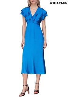 Whistles Blue Adeline Frill Midi Dress (D97334) | €106