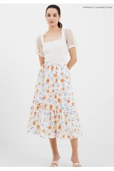 French Connection Camille Drape Tiered Midi White Skirt (D97435) | €42