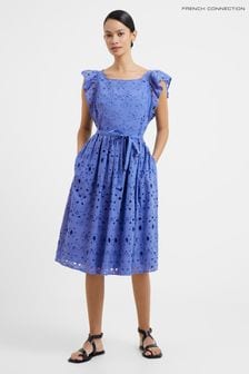 French Connection - Cilla - Blauwe jurk met broderie Anglaise (D97462) | €71