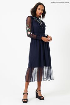 French Connection Blue Abra Embroided Mesh Midi Dress (D97468) | $206