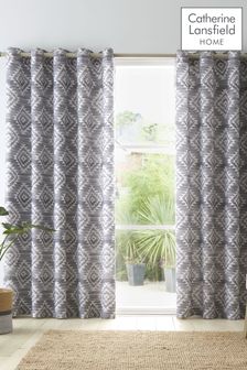 Catherine Lansfield Grey Aztec Geo Lined Eyelet Eyelet Curtain (D97567) | AED128 - AED360