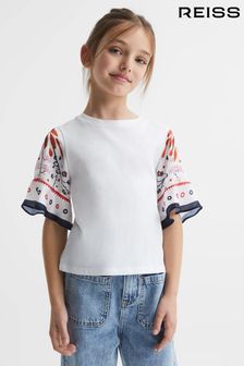 Reiss White Anastasia Junior Flared Printed Sleeve T-Shirt (D97806) | OMR19