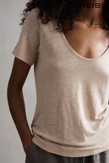 Reiss Camel Frances Linen Scoop Neck T-Shirt (D97813) | OMR44