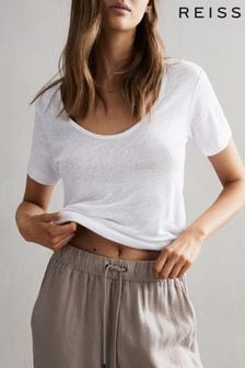 Reiss White Frances Linen Scoop Neck T-Shirt (D97814) | R1 137