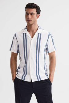 Reiss White/Air Force Blue Castle Slim Fit Ribbed Cuban Collar Shirt (D97855) | 118 €