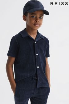 Reiss Navy Santal Junior Cuban Collar Ribbed Textured Shirt (D97879) | $60