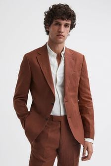 Reiss Tobacco Kin Slim Fit Single Breasted Linen Blazer (D97894) | LEI 2,459