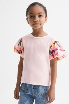 Reiss Ivory Amira Junior Floral Print Puff Sleeve T-Shirt (D99264) | OMR19