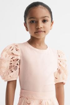 Reiss Pink Alberta Junior Floral Lace Puff Sleeve T-Shirt (D99265) | €38