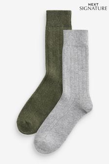 Khaki Green/Grey 2 Pack Signature Lambswool with Cashmere Blend Socks (E00491) | $34