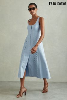Reiss Blue Clarice Linen Broderie Midi Dress (E00683) | €301