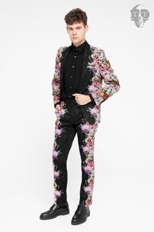 Twisted Tailor Black Skinny Fit Ikeda Cotton Floral Jacket (E01271) | $257