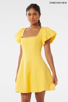 Forever New Yellow Josie Petite Square Neck Mini Dress contains Linen (E01310) | KRW202,800