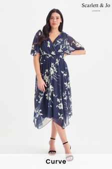 Scarlett & Jo Navy Blue & Cream Julie Hanky Hem Dress (E01376) | €142