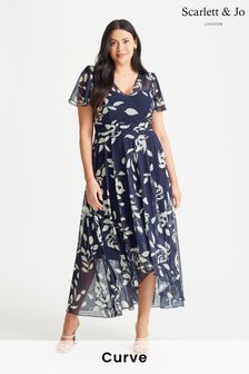 Scarlett & Jo Navy Blue Tilly Print Angel Sleeve Sweetheart Dress (E01386) | Kč3,570