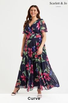 Scarlett & Jo Navy Blue & Pink Floral Isabelle Angel Sleeve Maxi Dress (E01448) | $163