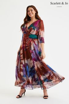 Scarlett & Jo Red Multi Floral Verity 3/4 Sleeve Maxi Gown (E01449) | AED527
