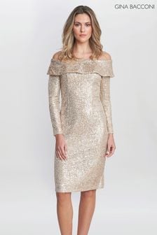 Gina Bacconi Natural Anthea Off The Shoulder Sequin Dress (E01630) | AED1,658