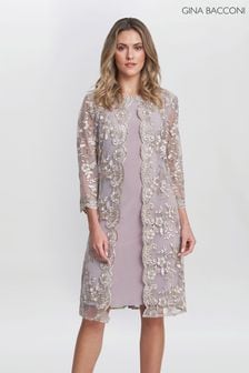 Gina Bacconi Natural Daryl Embroidered Mock Jacket Dress (E01631) | AED1,775