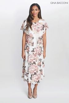 Gina Bacconi Alice Midi Printed Tiered White Dress With Shoulder Embellishment (E01634) | kr4 760