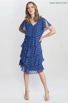 Gina Bacconi Blue Juliette Foil Print Tier Dress (E01638) | 1,089 QAR