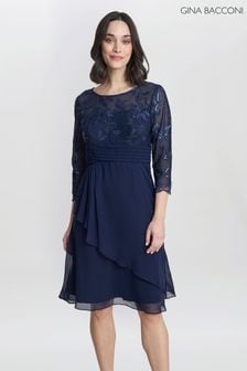 Gina Bacconi Thandie Petite Blue Embroidered Bodice Dress With Pleated Waist (E01647) | ‪‏1,658‬ ر.س‏