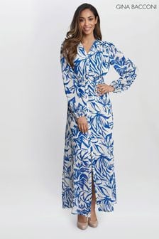 Gina Bacconi Blue Judy Button Neck Long Sleeve Dress (E01648) | kr1,285