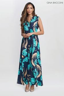 Gina Bacconi Blue Ariel Long Sleeveless Shirt Dress (E01652) | $135