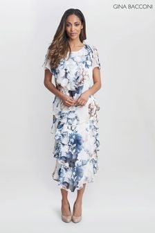 Gina Bacconi Jocelyn Midi Length Printed Tiered White Dress With Embellished Shoulders (E01653) | ‪‏1,658‬ ر.س‏