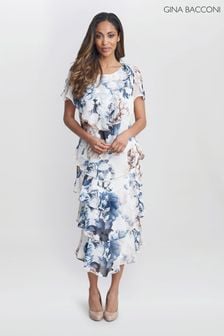 Gina Bacconi Jocelyn Midi Length Printed Tiered White Dress With Embellished Shoulders (E01653) | 134 ر.ع