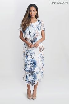 Gina Bacconi Jocelyn Midi Length Printed Tiered White Dress With Embellished Shoulders