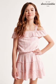 Abercrombie & Fitch Pink Off The Shoulder Bardot Linen Stripe Top
