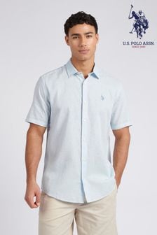 Світло-блакитний - U.s. Polo Assn. Mens Linen Blend Short Sleeve Shirt (E01822) | 3 433 ₴