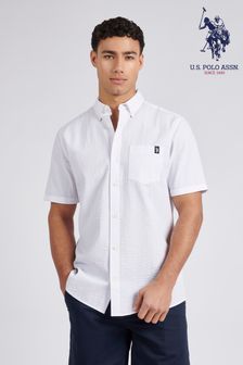 לבן - U.s. Polo Assn. Mens Seersucker Short Sleeve Shirt (E01845) | ‏302 ‏₪