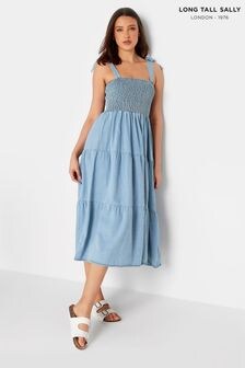 Long Tall Sally Blue 100% Cotton Shirred Tiered Dress (E02691) | $67