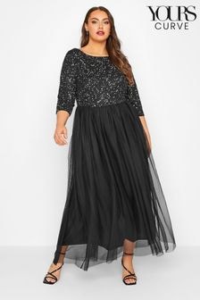 Yours Curve Black Luxe Embellished Long Sleeve Maxi Dress (E02763) | $171