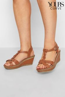 Yours Curve Brown Extra Wide Fit Comfort Cross Strap Plaited Wedges (E02852) | $62