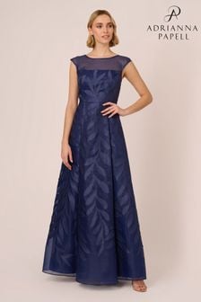 Adrianna Papell Blue Applique Organza Long Gown