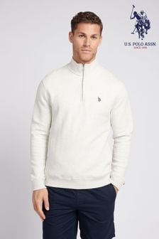 U.S. Polo Assn. Mens Classic Fit Grey Herringbone 1/4 Zip Sweatshirt (E03112) | 346 QAR