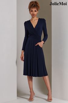 Jolie Moi Blue Plain Long Sleeve Jersey Midi Dress