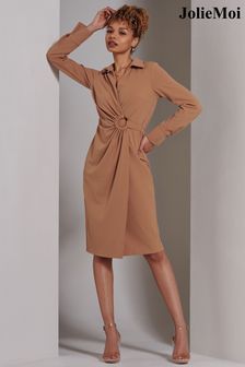 Jolie Moi Reveka Wrap Ruched Shirt Brown Dress