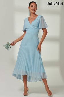 Niebieski - Plisowana sukienka szyfonowa maxi Jolie Moi Elene z asymetrycznym dołem (E03829) | 475 zł