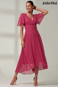Jolie Moi Pink Elene Pleated High Low Chiffon Maxi Dress (E03830) | AED416