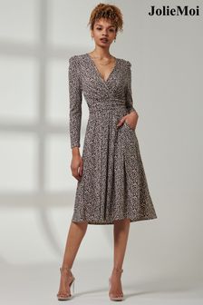 Jolie Moi Animal Print Rafella Long Sleeve Midi Dress (E03834) | OMR35