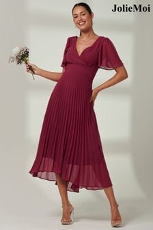 紅色 - Jolie Moi Elene Pleated High Low Chiffon Maxi Dress (E03837) | NT$3,500