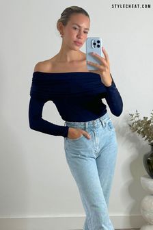 Style Cheat Blue Tatiana Off Shoulder Long Sleeve Top (E04435) | €49