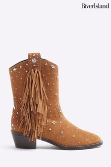 River Island Brown Western Studded Tassle Boots (E05018) | $175